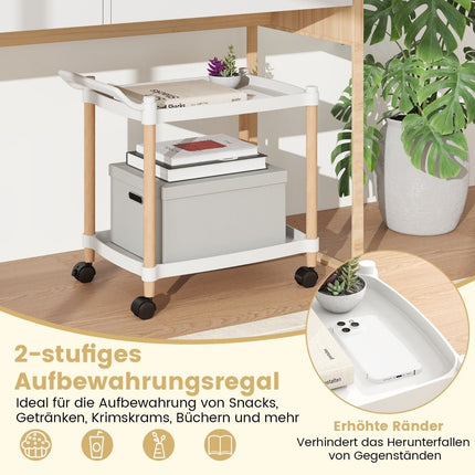 2-tier rolling cart with lockable wheels & beechwood frame trolley organizer