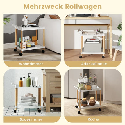 2-tier rolling cart with lockable wheels & beechwood frame trolley organizer