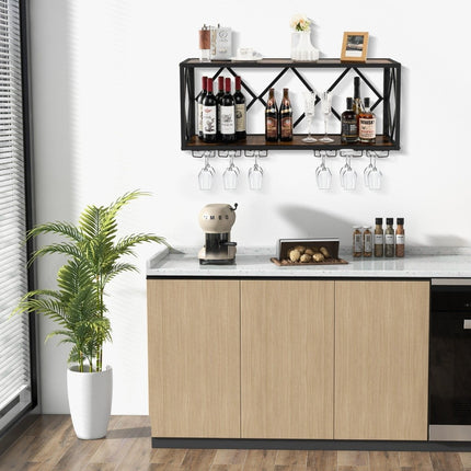 2 tier wine rack wall with metal frame & 6 rows of wooden wine glass holder bottle rack