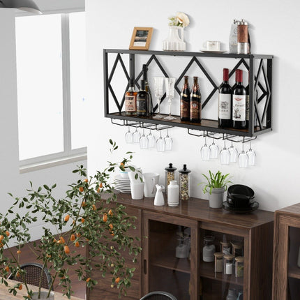 2 tier wine rack wall with metal frame & 6 rows of wooden wine glass holder bottle rack
