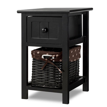 2-tier wooden bedside table with drawer and basket side table with shelf 31 x 28 x 45 cm black