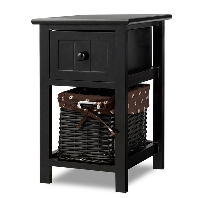 2-tier wooden bedside table with drawer and basket side table with shelf 31 x 28 x 45 cm black