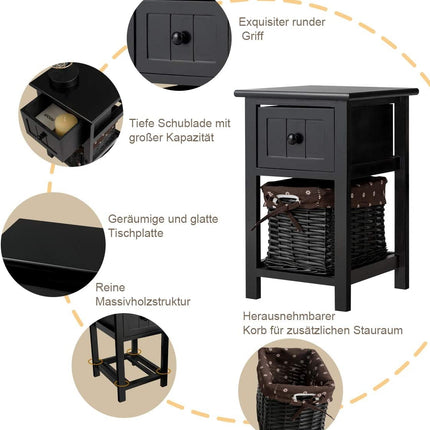 2-tier wooden bedside table with drawer and basket side table with shelf 31 x 28 x 45 cm black
