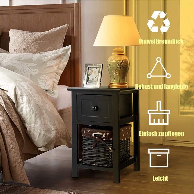 2-tier wooden bedside table with drawer and basket side table with shelf 31 x 28 x 45 cm black
