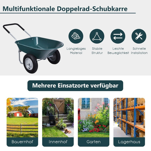 2-wheeled garden wheelbarrow with heavy-duty drawer, 145 x 65 x 65 cm, green