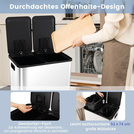 2 x 30L trash can with 2 compartments & soft closing lid & 2 deodorizing compartments silver