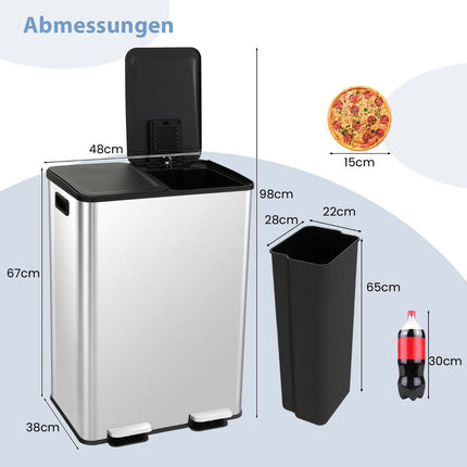 2 x 30L trash can with 2 compartments & soft closing lid & 2 deodorizing compartments silver