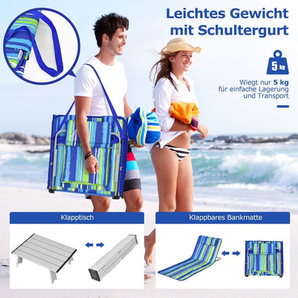 2 x Beach Mat with Side Table Adjustable Deck Chair Set 151 x 55.5 x 27-47 Blue + Green