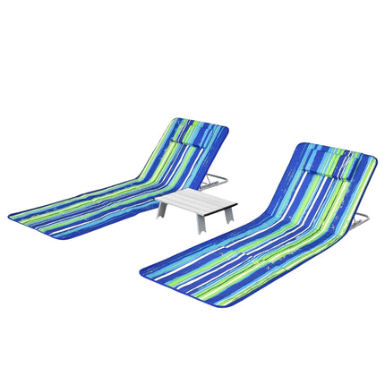 2 x Beach Mat with Side Table Adjustable Deck Chair Set 151 x 55.5 x 27-47 Blue + Green