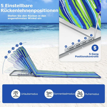 2 x Beach Mat with Side Table Adjustable Deck Chair Set 151 x 55.5 x 27-47 Blue + Green