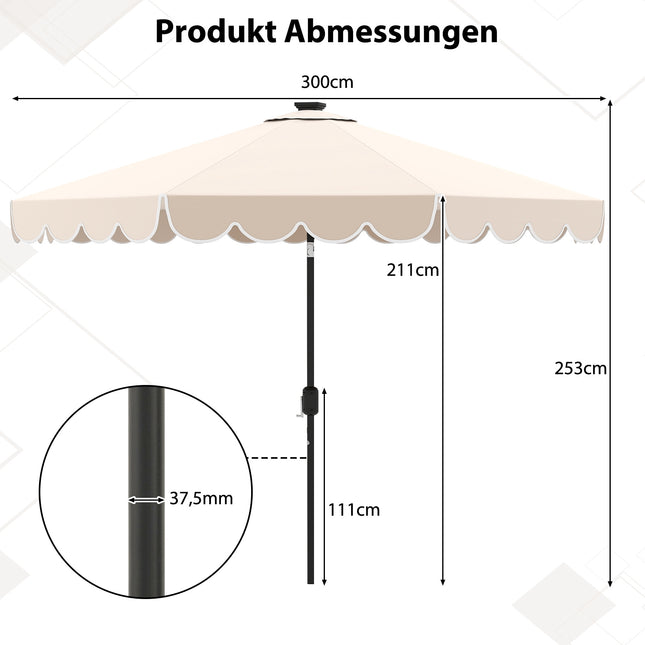 300 cm Beige Patio Umbrella with Solar LED Lights