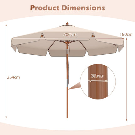 300 cm Beige Patio Umbrella with Tilt and Wood Pole