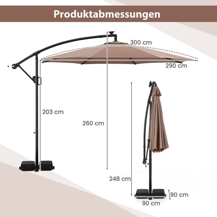 300 cm Cantilever Umbrella with LED Lights, Adjustable Tilt