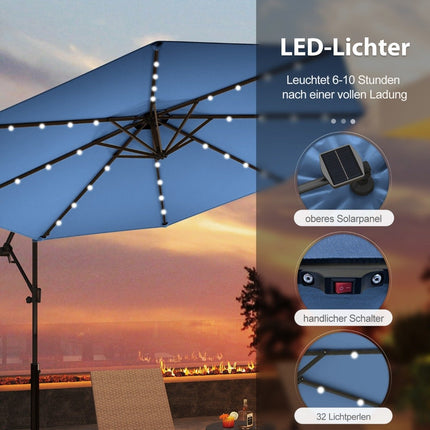 300 cm Patio Umbrella with 32 Solar LED Lights, Blue
