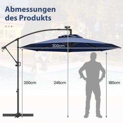 300 cm Solar LED Patio Umbrella with Crank, Dark Blue
