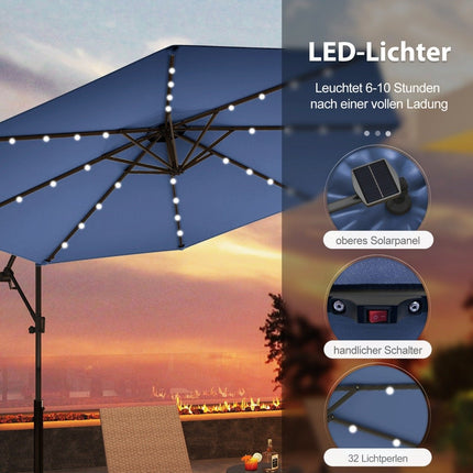 300 cm Solar LED Patio Umbrella with Crank, Dark Blue