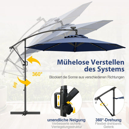 300 cm Solar LED Patio Umbrella with Crank, Dark Blue