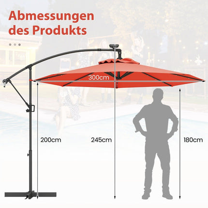 300 cm Solar LED Patio Umbrella with Crank, Orange
