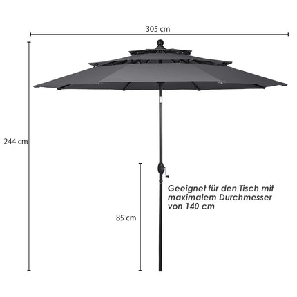 300 cm parasol made of aluminum with 3-tier roof, automatically tilting umbrella, anthracite