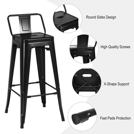 30" Black Metal Barstools Set of 4 with Low Back