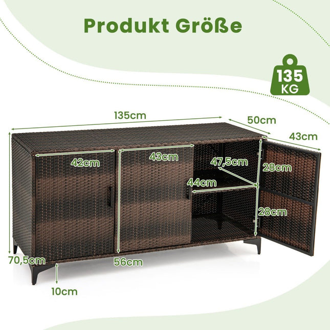 318L Rattan Garden Cabinet with Removable Shelves &amp; Doors Outdoor Weatherproof Side Cabinet Brown