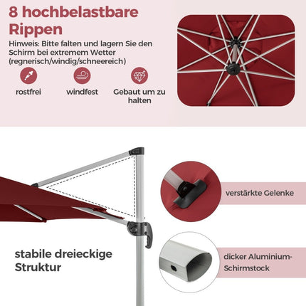 Ø 330 cm parasol with crank &amp; UPF 50+ &amp; 360° rotating cantilever umbrella garden umbrella red