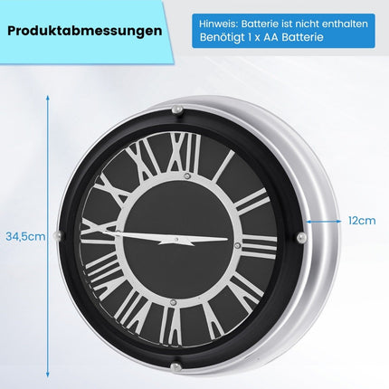Ø 34.5 cm quiet wall clock with silver frame &amp; Roman dial without ticking noises - Ø 34.5 cm