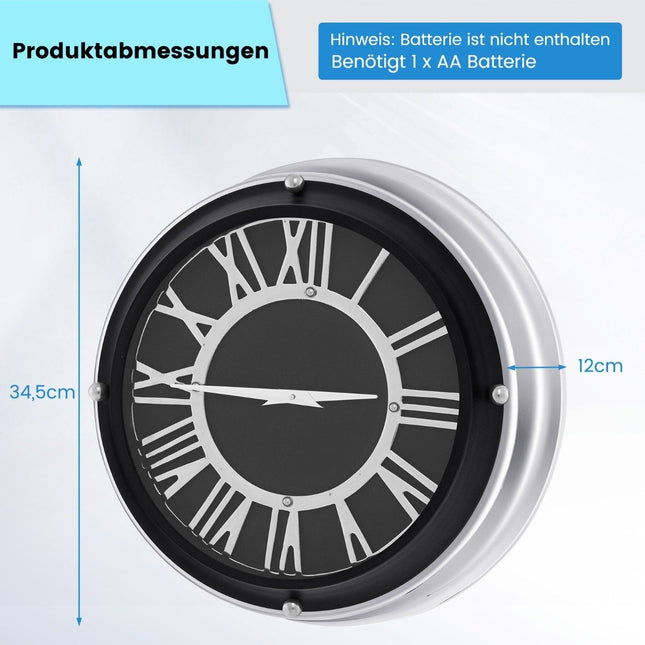 Ø 34.5 cm quiet wall clock with silver frame &amp; Roman dial without ticking noises - Ø 34.5 cm
