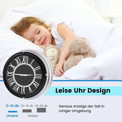 Ø 34.5 cm quiet wall clock with silver frame &amp; Roman dial without ticking noises - Ø 34.5 cm