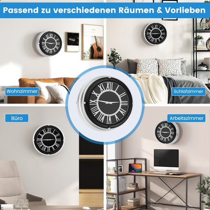 Ø 34.5 cm quiet wall clock with silver frame &amp; Roman dial without ticking noises - Ø 34.5 cm
