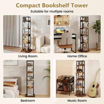360 Rotating Bookshelf with 5 Shelves, Brown Metal Frame