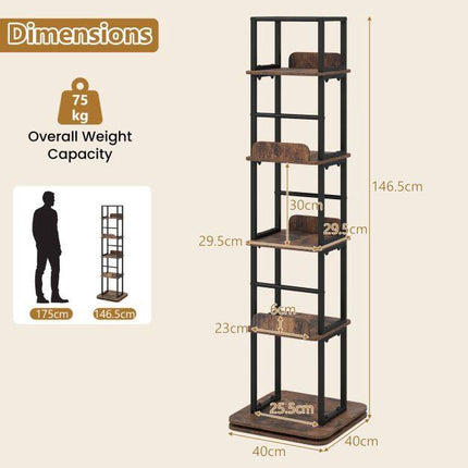 360 Rotating Bookshelf with 5 Shelves, Brown Metal Frame
