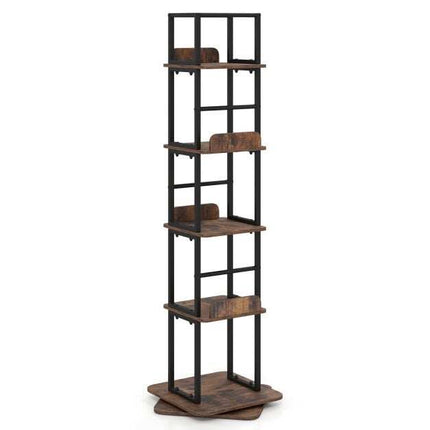 360 Rotating Bookshelf with 5 Shelves, Brown Metal Frame