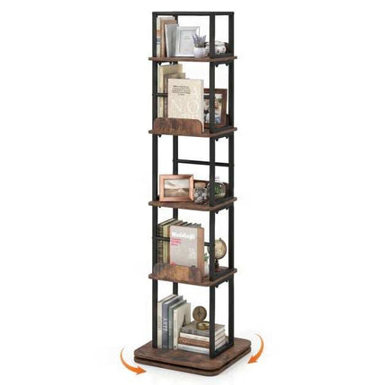 360 Rotating Bookshelf with 5 Shelves, Brown Metal Frame