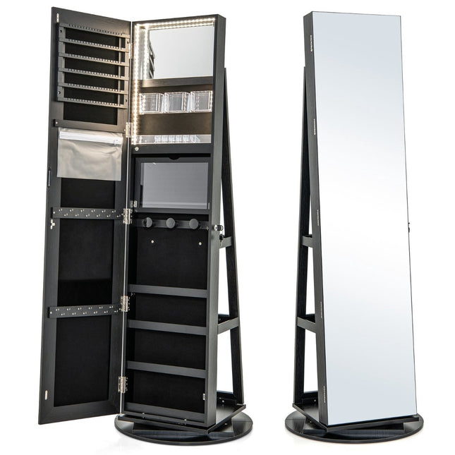 360 Rotating Jewelry Cabinet with LED Lights, Black