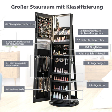 360 Rotating Jewelry Cabinet with LED Lights, Black