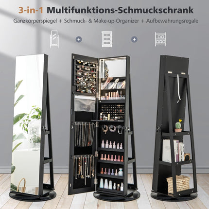 360 Rotating Jewelry Cabinet with LED Lights, Black