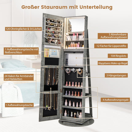 360 Rotating Jewelry Cabinet with LED Lights, Mirror