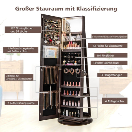 360 Rotating Jewelry Cabinet with LED Lights, Mirror