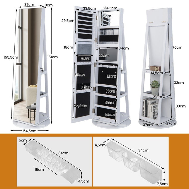 360° Rotating Jewelry Cabinet with LED Lights, Mirror, Lock