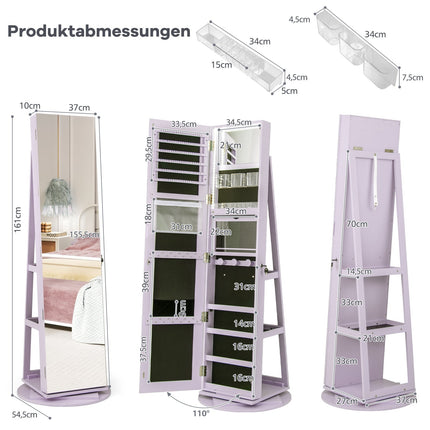360 Rotating Jewelry Cabinet with LED Lights, Mirror, Lock