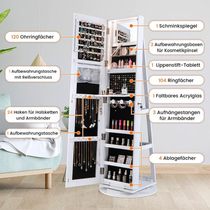 360° Rotating Jewelry Cabinet with LED Lights, Mirror, Lock