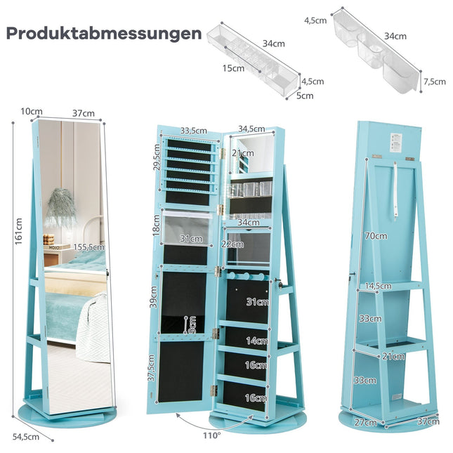360 Rotating Jewelry Cabinet with LED Lights and Mirror