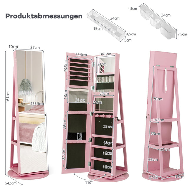 360 Rotating Jewelry Cabinet with LED Lights and Mirror