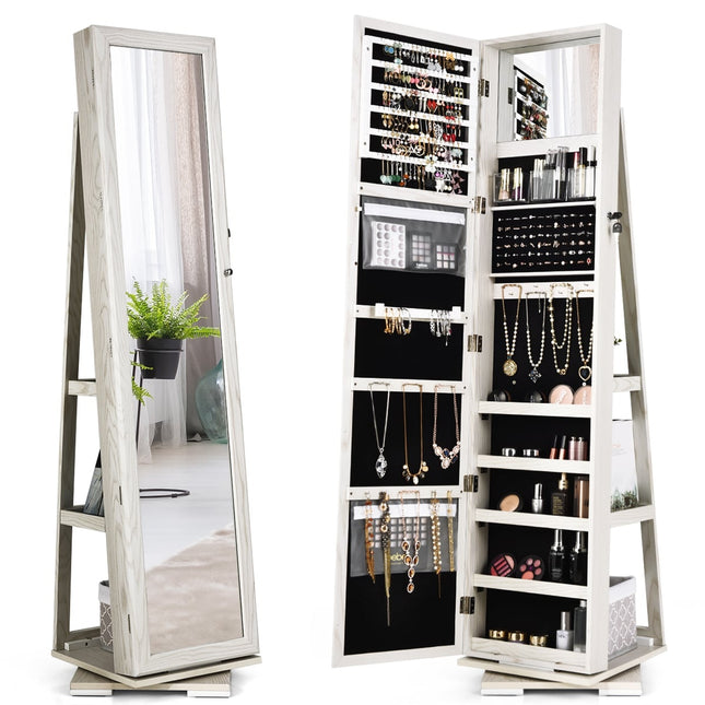 360 Rotating Jewelry Cabinet with Mirror, Lockable, White