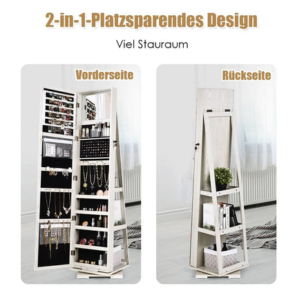 360 Rotating Jewelry Cabinet with Mirror, Lockable, White