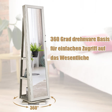 360 Rotating Jewelry Cabinet with Mirror, Lockable, White