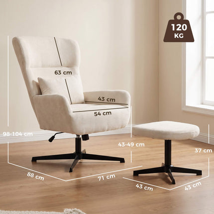 360 Swivel Lounge Chair with Ottoman, Adjustable Height, Cream