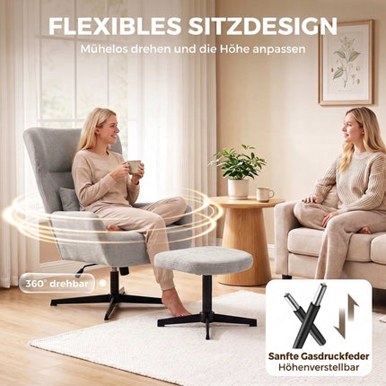 360 Swivel Lounge Chair with Ottoman, Adjustable Height, Cream
