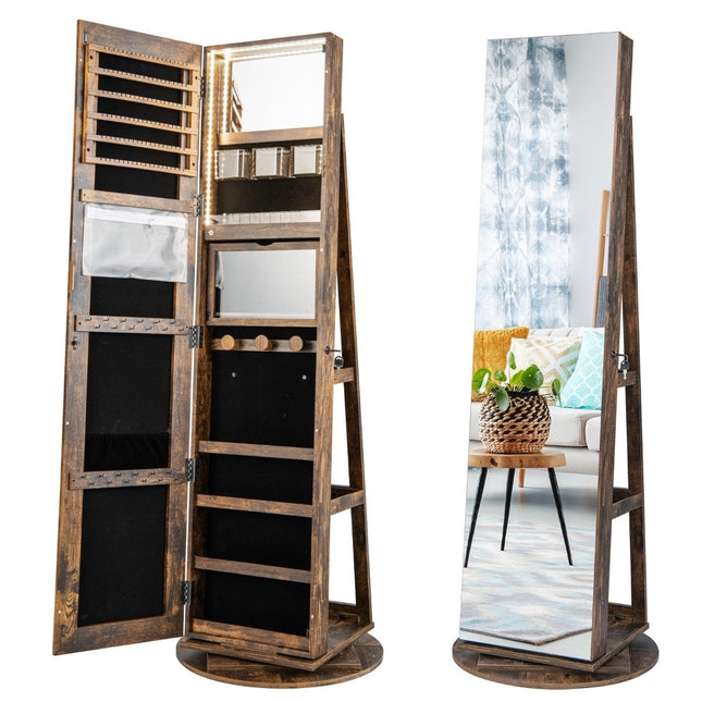 360° rotating jewelry cabinet with three-color LED lights, free-standing mirror cabinet, brown